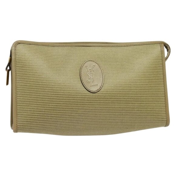 SAINT LAURENT Clutch Bag Canvas PVC Beige Gold Auth BA3959 - Picture 1 of 16